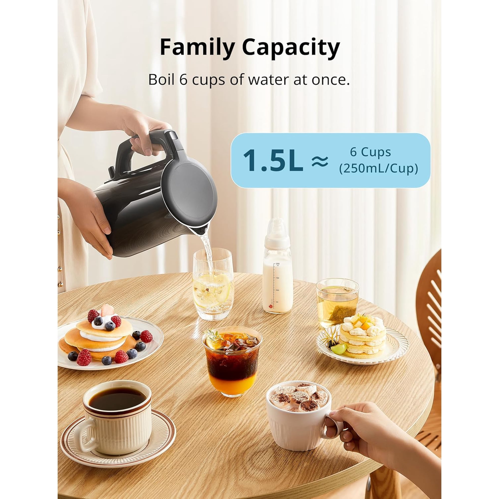 COMFEE' Electric Kettle and Tea Kettle, 1.5L Double Wall, Stainless Steel Interior, Lid & Spout, Fast Boil, Auto-Off, and Boil-Dry Protection, 1500W