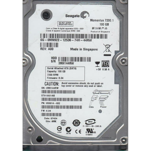 ST910021AS, 3MH, AMK, PN 9S3014-032, FW 8.04, Seagate 100GB SATA 2.5 Hard Drive