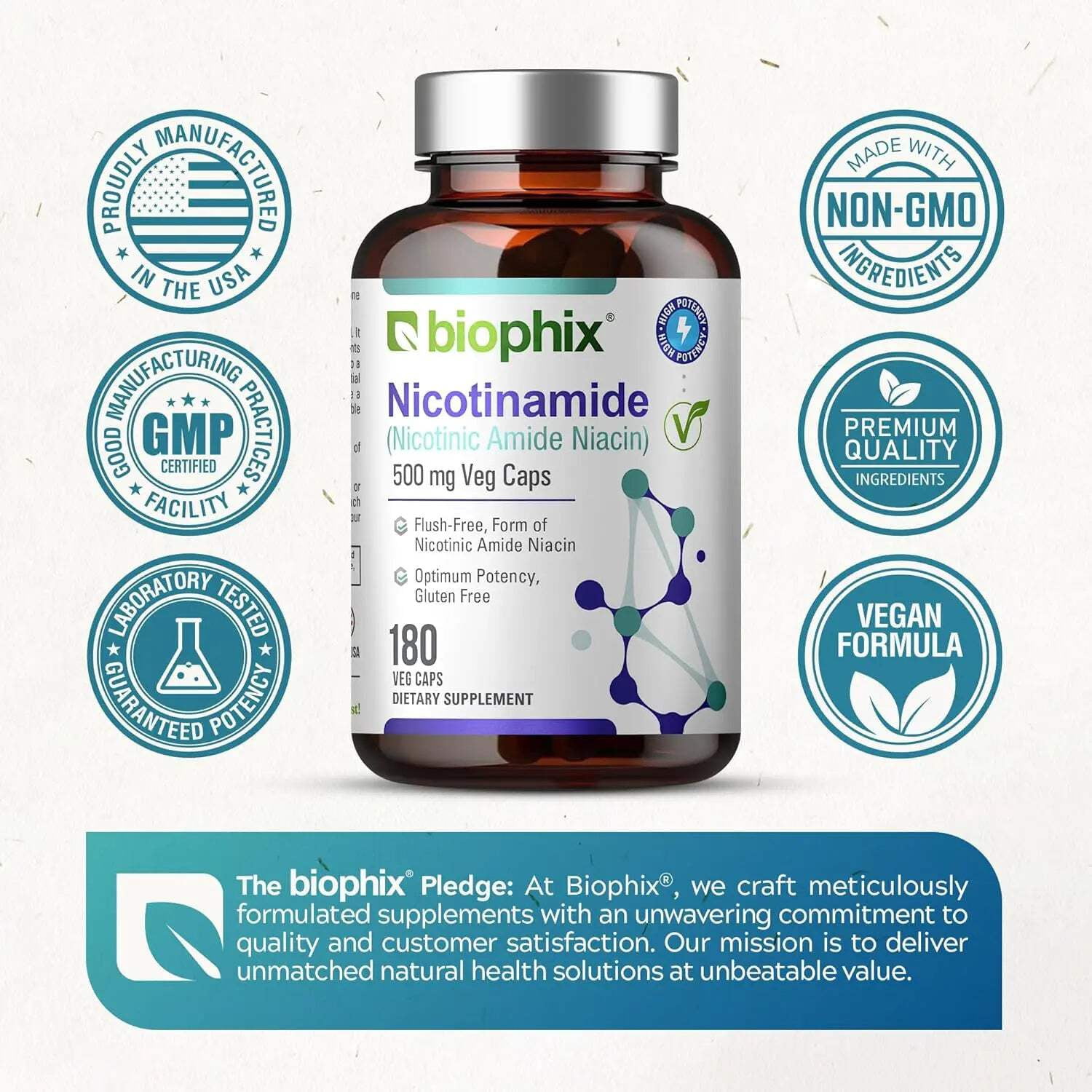 biophix B-3 Nicotinamide 500 mg 180 Vcaps - Hair Skin and Nails 180 Caplets 10000 mcg Biotin - Skin Kit - Nicotinic Amide Niacin Natural Flush-Free Vitamin Formula - Supports Skin Cell Health