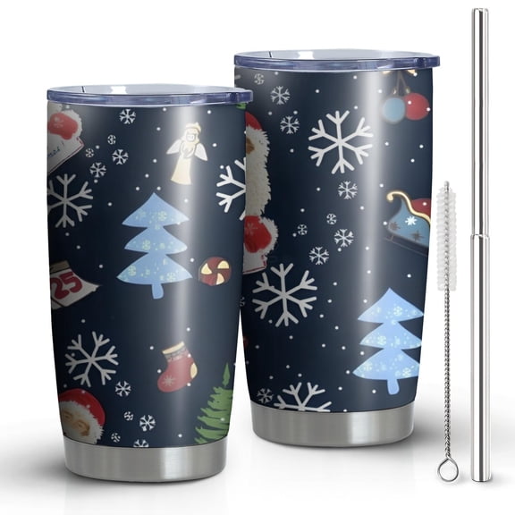 20oz Tumblers Dark Blue Christmas Santa Pattern Stainless Steel Vacuum Insulated Double Wall Travel Tumbler Cups Mug with Lid and Straw,Cleaning Brush for Cold & Hot Drinks