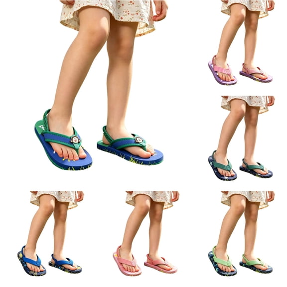 WAYUTE Girls' Sandals Cartoon Print Flip Flops Flat Soft Sole Summer Beach Footwear for Children Kids Playful and Daily Outdoor,Dark Green,9 Y-10 Y