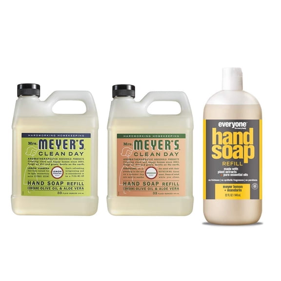 Mrs. Meyers Clean Day Liquid Hand Soap Refill, 1 Pack Lemon Verbena, 1 Pack Geranium, 33 OZ each include 1 12.75 OZ Bottle of Hand Soap Meyer Lemon