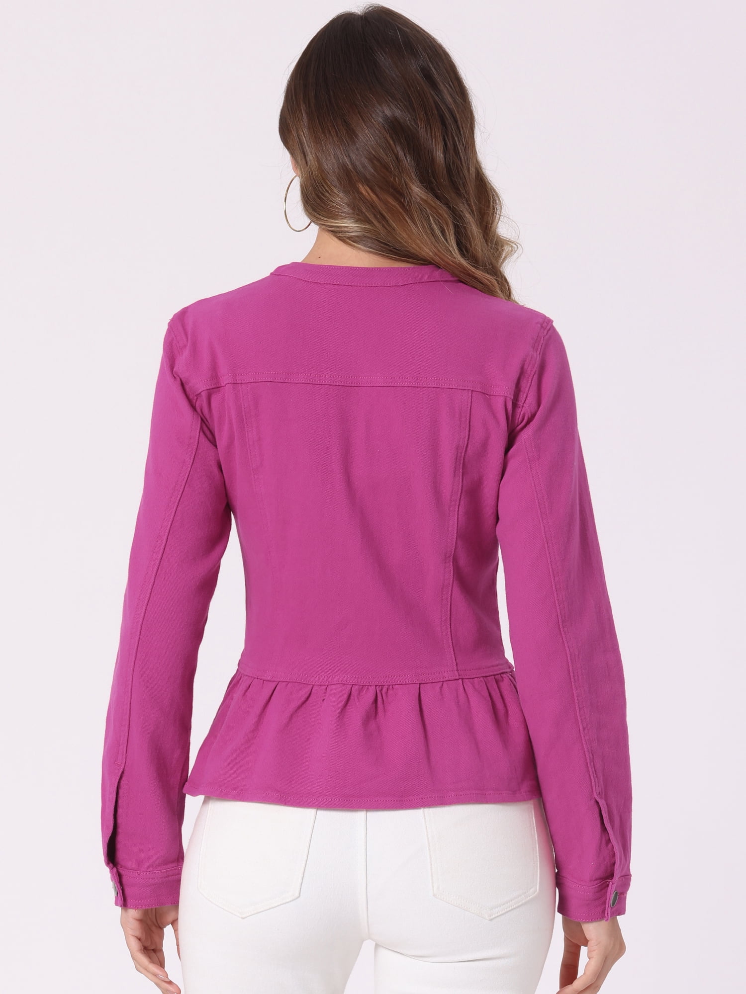 DARING DIVA Women's Button Down Cropped Ruffle Hem Denim Jacket M Hot Pink