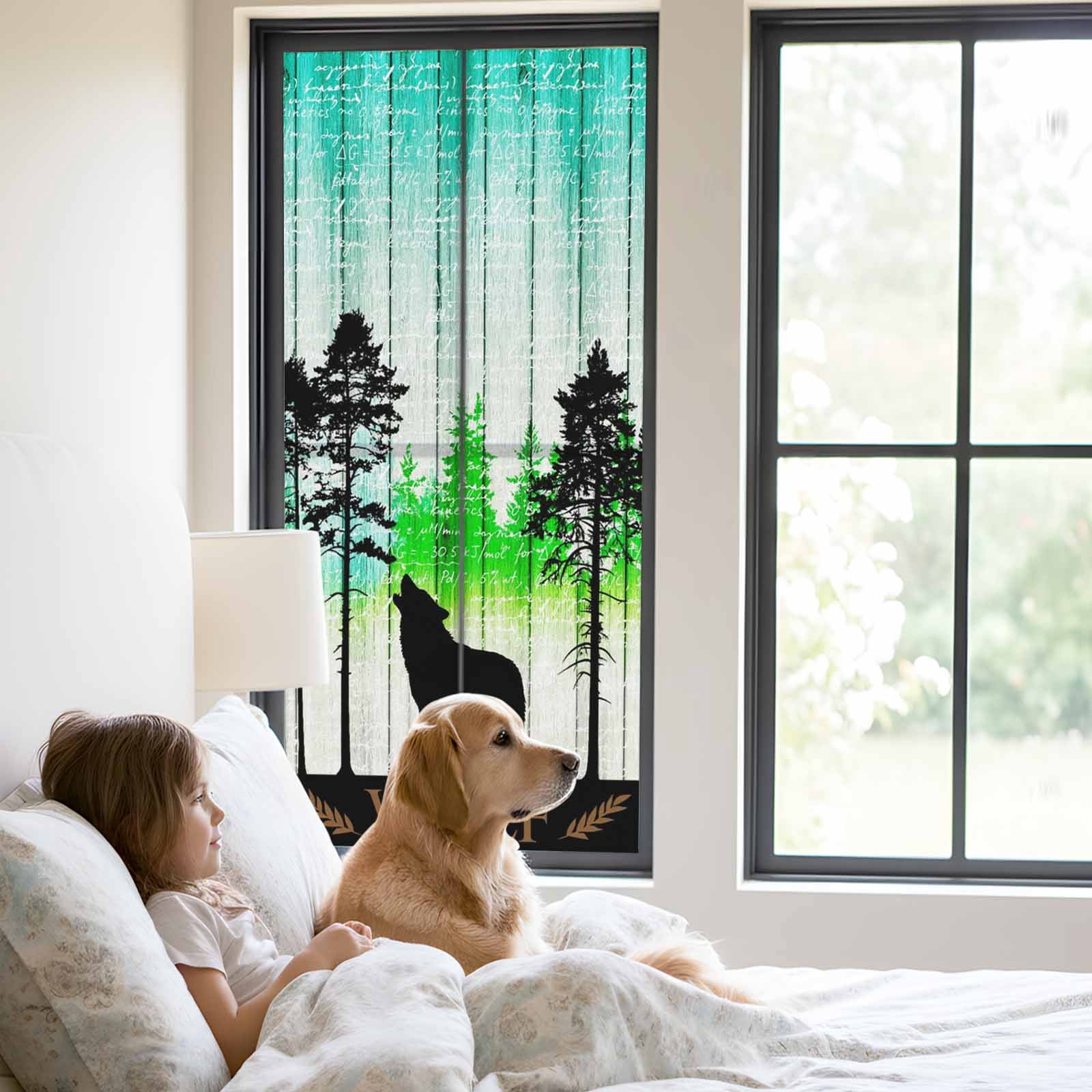 Forest Wolf Window Privacy Film, Pine Needles Green Gradient Wood Grain Frosted Glass Window Clings Static Cling UV Heat Blocking Reusable Door Sticker for Bathroom 23.6 x 59 Inch