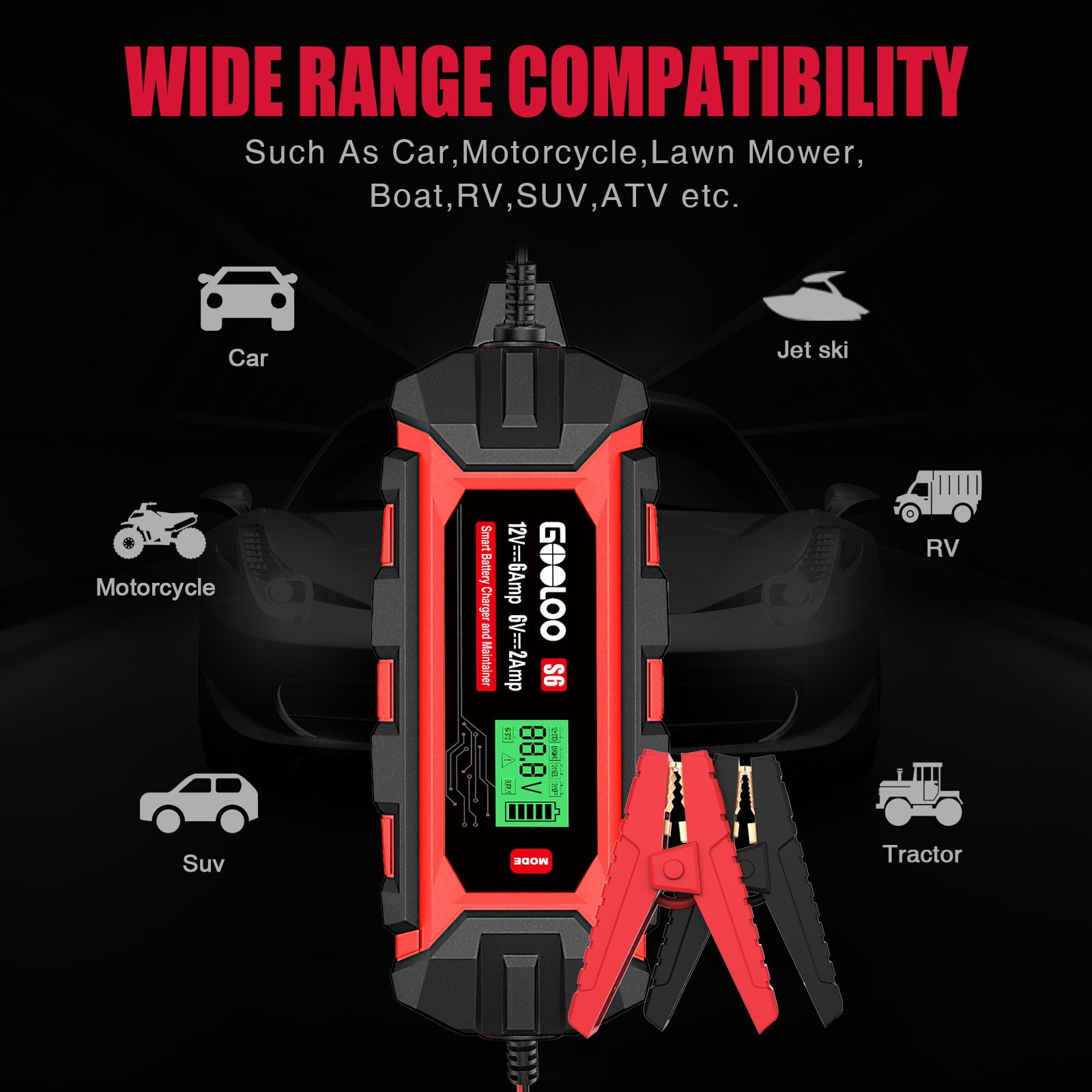 GOOLOO 6A Automotive Battery Charger,6-Amp 6V 12V(Up to 150Ah)Battery Charger and Maintainer Smart Trickle Charger Portable with LCD Display Pulse Repair for Vehicles