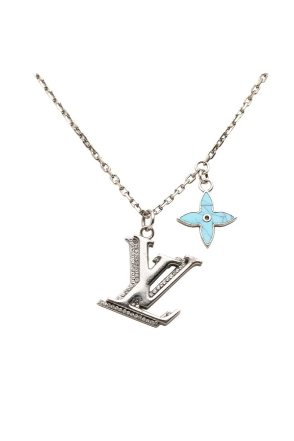 Pre-Owned Louis Vuitton LV Initial Pendant Necklace M80208 Silver Blue Metal Rhinestone Women's...