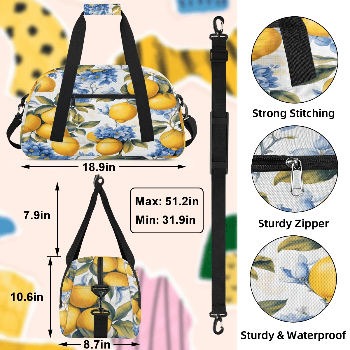 Herdesigns Yellow Lemon Sports Duffle Bag for Women & Men, Modern Plant Leaves Gym Bag Dance Bag Overnight Bag Carry On Weekender Travel Bag