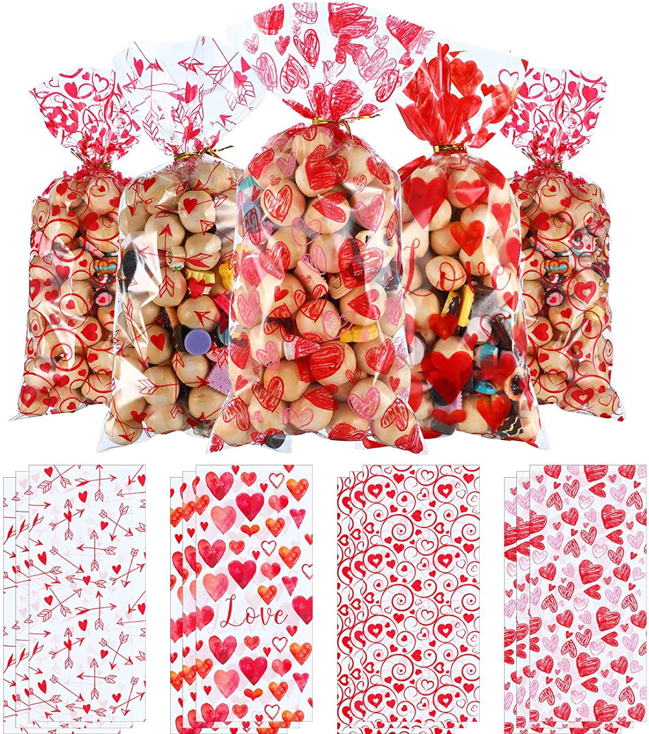 200 Pieces Clear Treat Bags with 8 Mixed Colors Twist Ties 4 Inches for Wedding Cookie Favor Valentine Gifts 4 by 3 Inch Bags