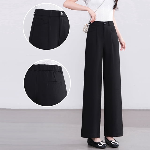Pantalones Finos de Verano para Mujer de Pierna Ancha Corte Recto, Negro
