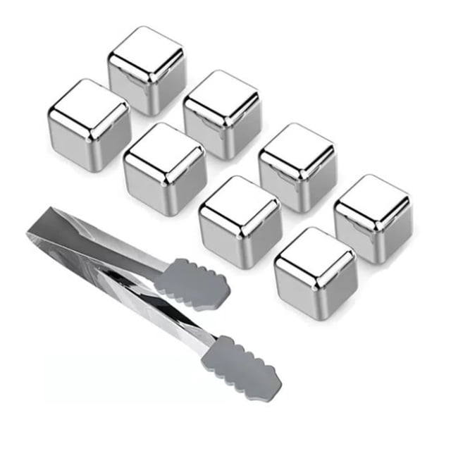 8 cubitos de hielo de metal de acero inoxidable 304 con pinzas para hielo, piedras de whisky muy utilizadas para enfriar bebidas de whisky.