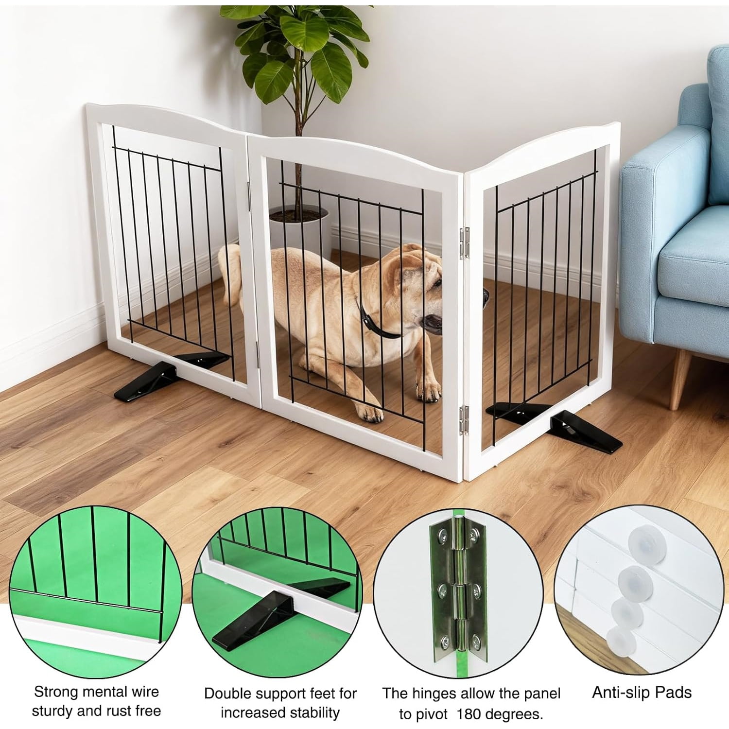 Freestanding Dog Fence Indoor, Foldable Dog Gate for Doorways, Stairs or Hallways, Sturdy Wood Extra Wide Pet Gate with Support Feet for The House, White, 24 "Height-3 Panels