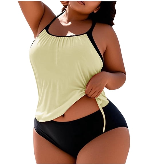 Felirenzacia Big and Tall Women's Tankinis, 2 Piece Push Up Halter Swimsuit, Modest Bath Suit for Plus Women,Beige,2XL