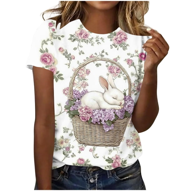 Camiseta de Manga Corta de las Mujeres con Cuello Redondo Y Doblado de Longitud Media, Poliéster Suave para la Moda Diaria de Primavera, Blusa Cómoda