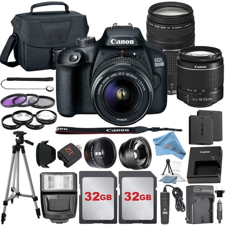 Canon EOS 2000D / Rebel T7 DSLR Camera with 18 to 55mm + 75-300mm Lens + 2 Pcs 32GB Memory + Tripod + Case + ZeeTech Kit (International Model)
