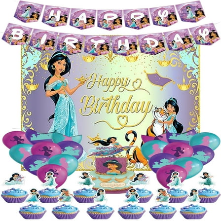 Jasmine Party Supplies Jasmine Party Decorations, Balloons, Happy Birthday Banner, Cake and Cupcake Toppers for Kids Birthday Party