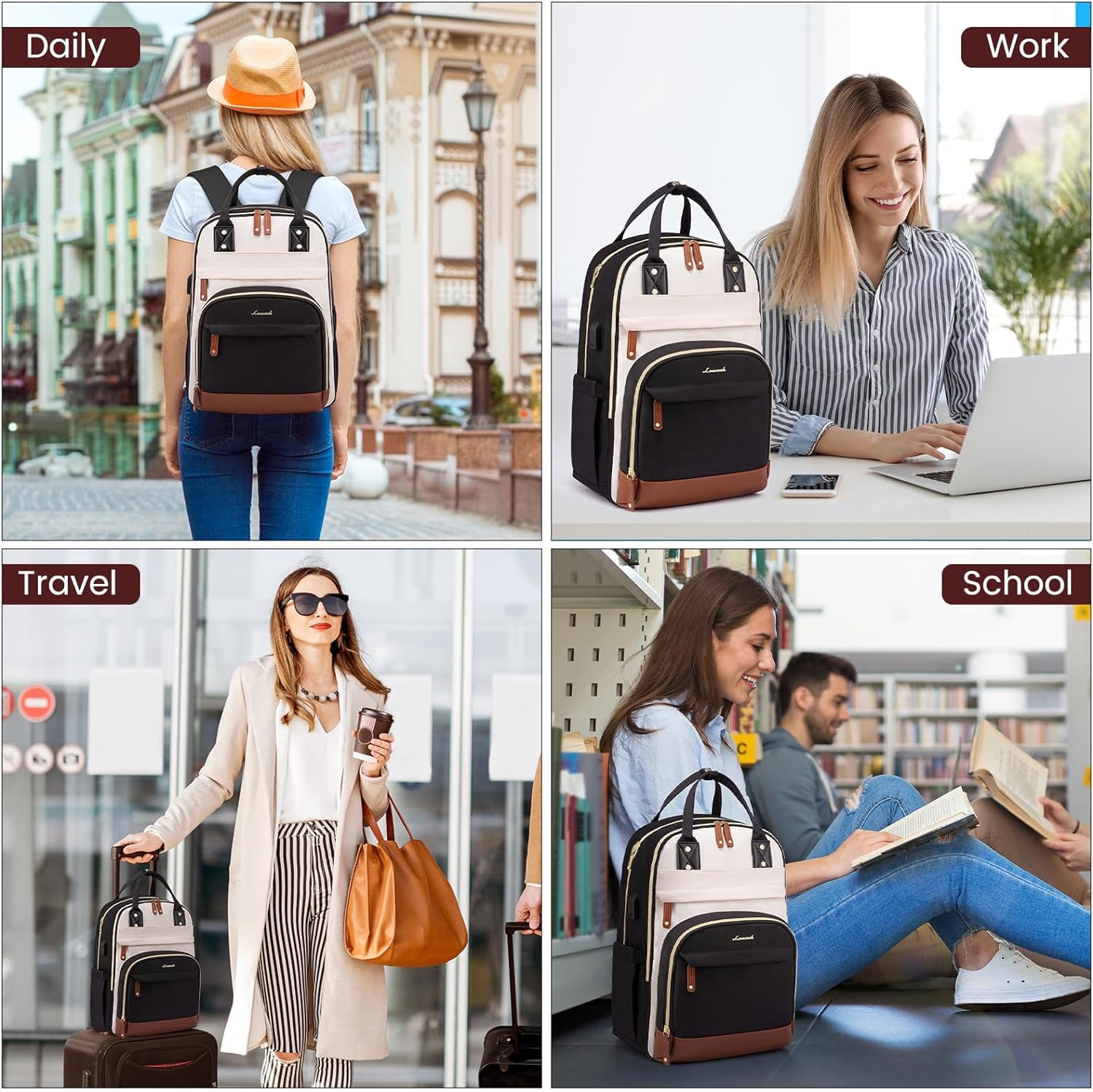 Lovevook Women's USB Charging Port Nylon 15.6" Laptop Backpack, Black-Beige