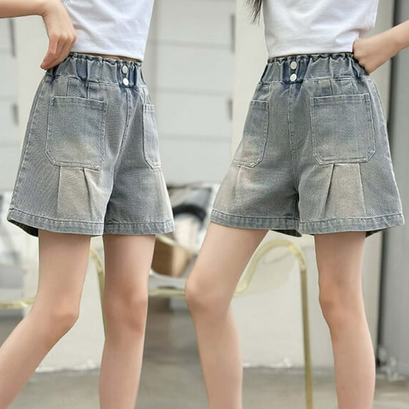 Wdgfv Girls Summer Denim Skorts High Waist Casual Shorts For Kids Rainbow Buttons Stretch Comfortable Playwear Active Outfit