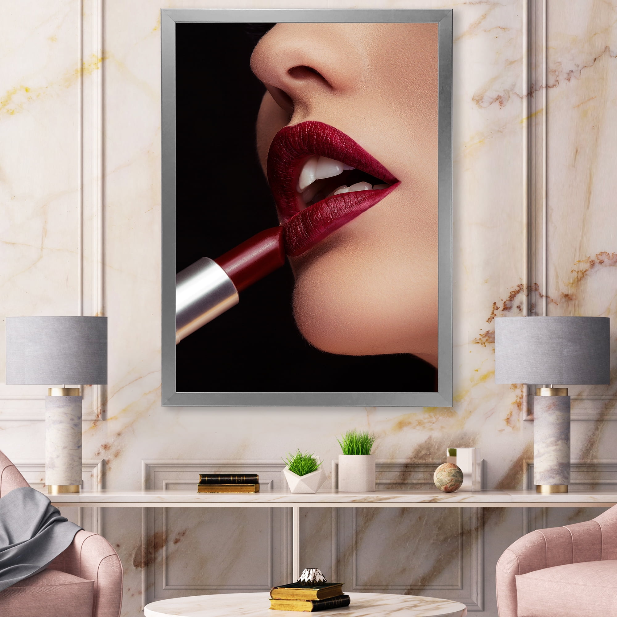Designart 'Woman Applying Red Lipstick On Lips I' Modern Framed Art Print