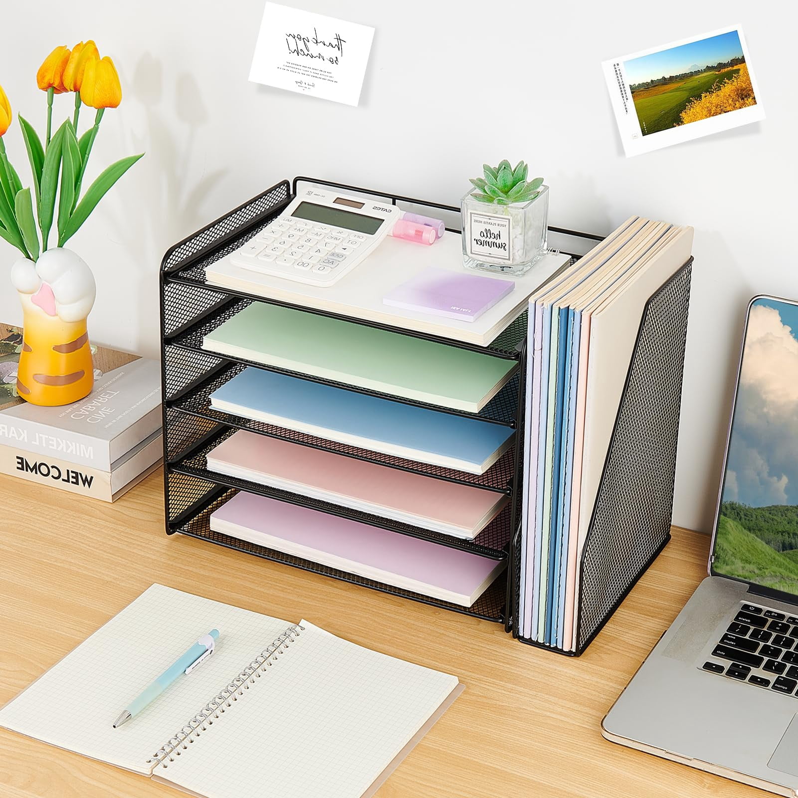 Desk Organizer  5-tier Paper Letter Tray With Magazine Holder Office Accessories & Workspace Organizers Desktop File For Supplies Storage Black