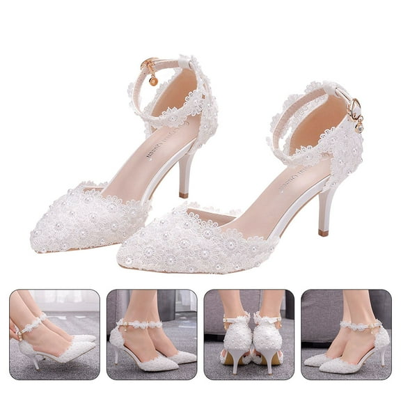 WRITWAA White PU Lace Wedding Shoes Sandals with Elegant Flower Design and Comfortable Heel Size 8.5 for Women