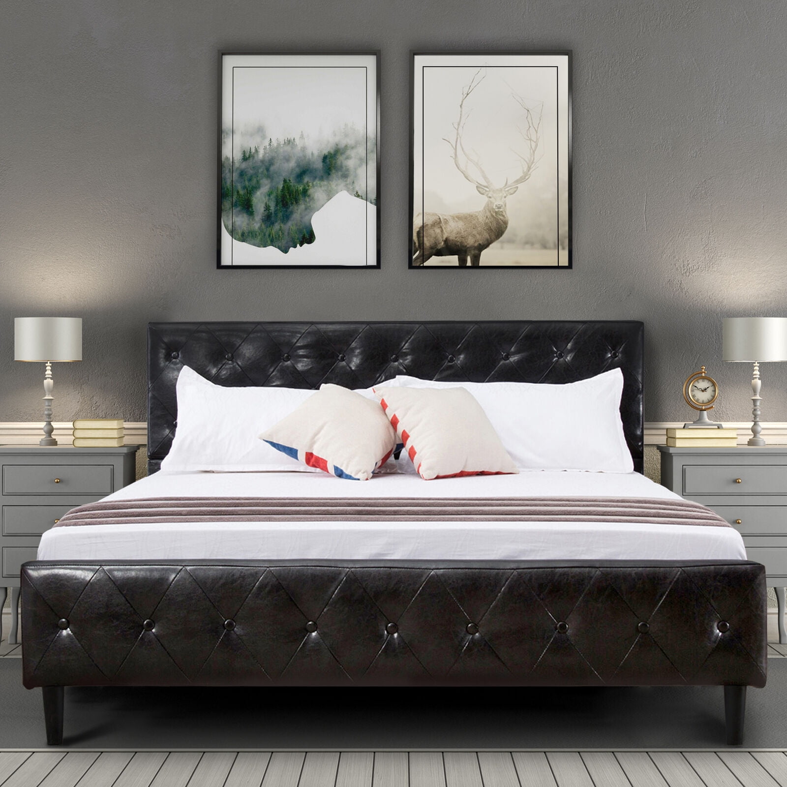 Upholstered Faux Leather Platform Bed with Solid Wooden Slat Support