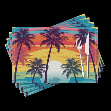 

BaHomeck placemats Set of 4 Palm Tree Silhouettes Set Against The Backdrop Of Beach Scene Cotton Linen rectangle Placemats for Kitchen Dining Table Indoor Outdoor 18*12inch