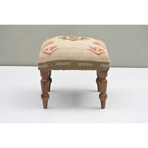NATURAL FURNISH Handmade Jute Fabric Ottoman | Soft Square Shape Stool for Sitting & Foot Rest with Wooden Legs | Modern Entryway Stool for Living Room, Bedroom and Hall (Beige-Green)