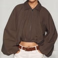 thumbnail image 6 of Sewkxo Womens Cropped Puff Sleeve Bomber Jacket Lapel Collar Pleated Full Zip Coat Spring Loose Fit Trendy Outerwear,Brown S, 6 of 8