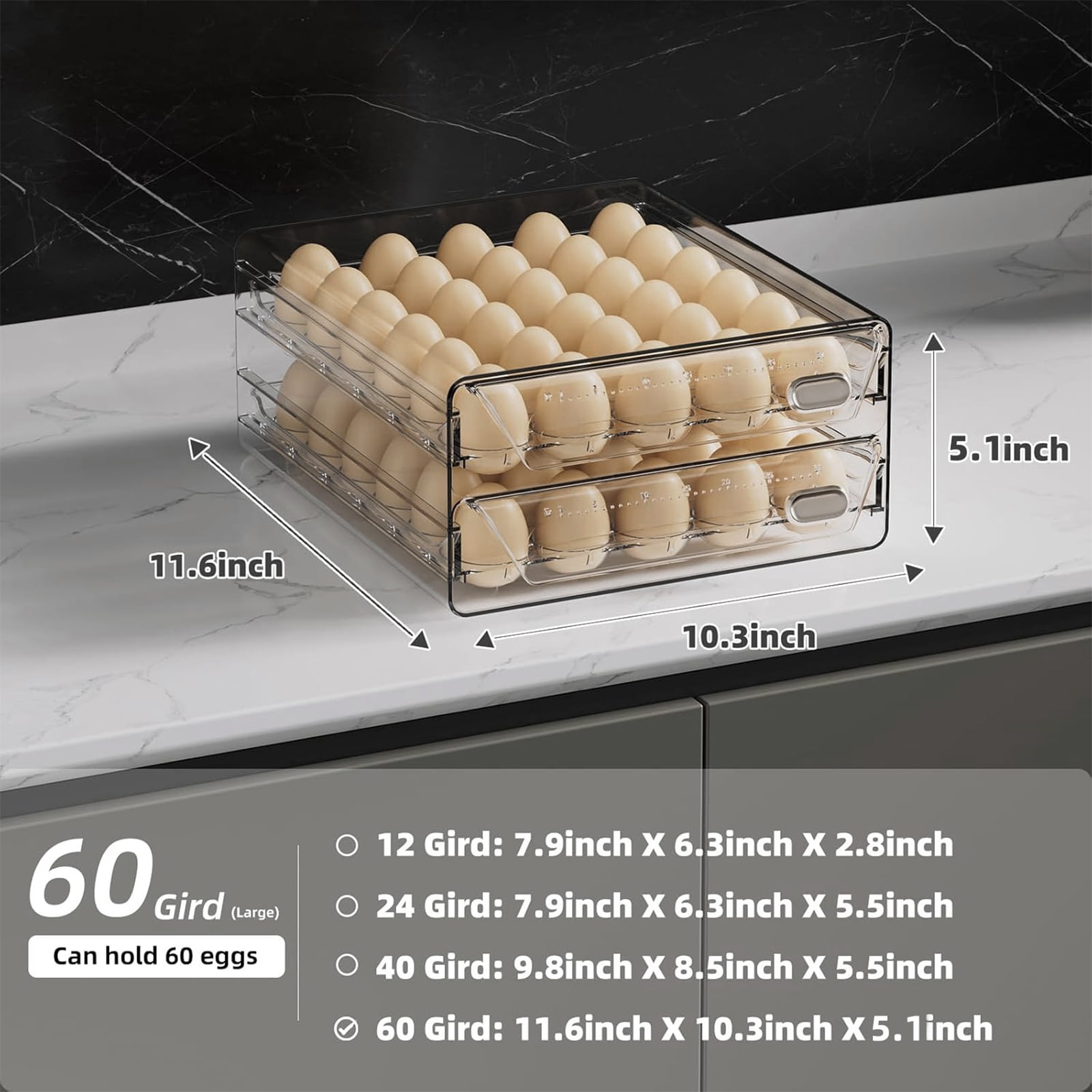 HIYOHIYO Clear 60 Grid Egg Holder for Fridge with Drawers, Large Capacity Eggs Container for Refrigerator , 2 Layer