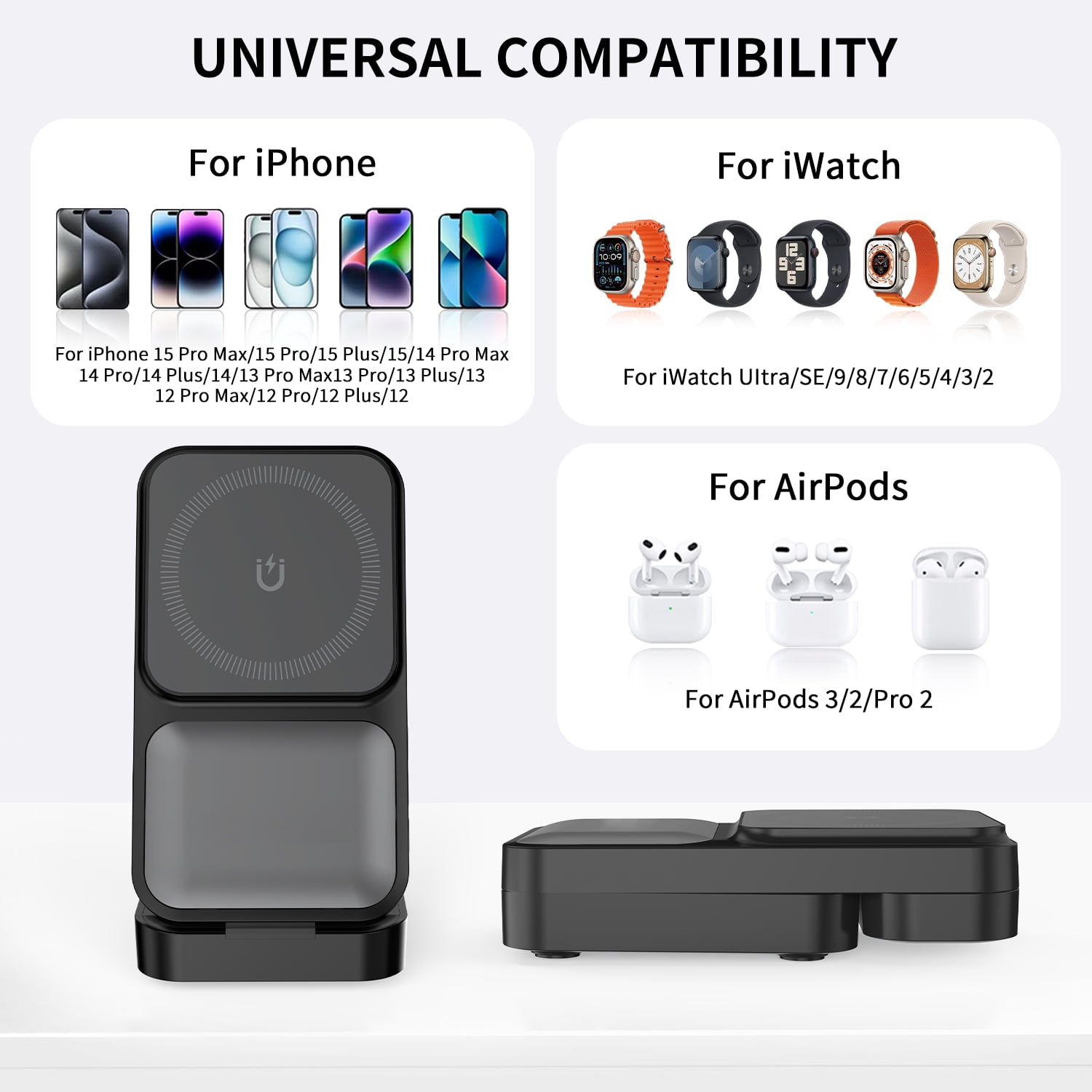 15w Foldable 3-in-1 Wireless Charger Stand for Apple Magsafe Stand for iPhone 16pro Watch Ultra2 (Black)