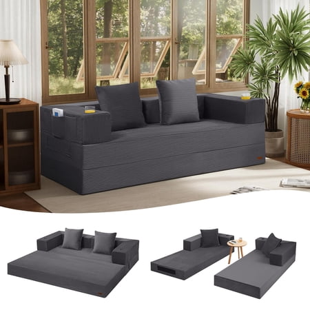 COMAX Futon Sofa Bed Queen, 79" Convertible Sofa Bed Couches for Living Room, 4 in 1 Folding Boneless Sleeper Corduroy Couch Loveseat Foam In a Box, Foldable Comfy Lounge Fold Out Floor Mattress Grey