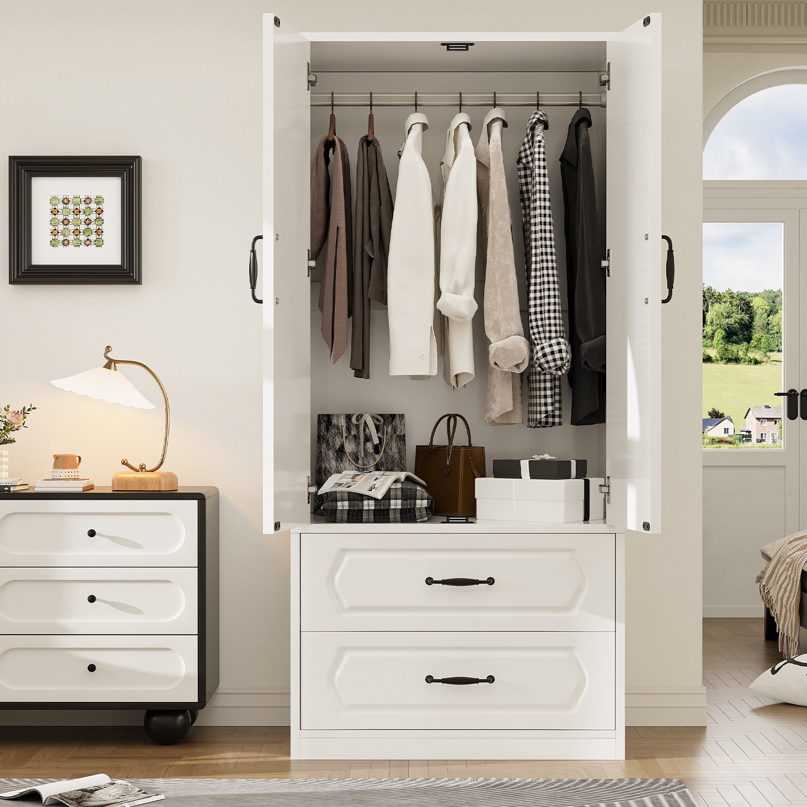 Lumiinofami 2 Door Wardrobe, Wooden Armoire with Hanging Rod and Drawers for Bedroom, White