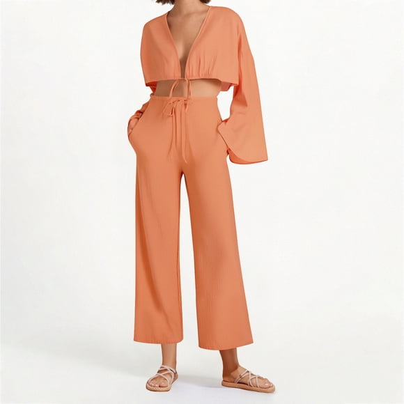 sageysalite Ensembles 2 Pcs pour Femmes Hauts Courts en Coton et Lin et Pantalons Légers Respirants Tenues d'Été Automne Manches Longues