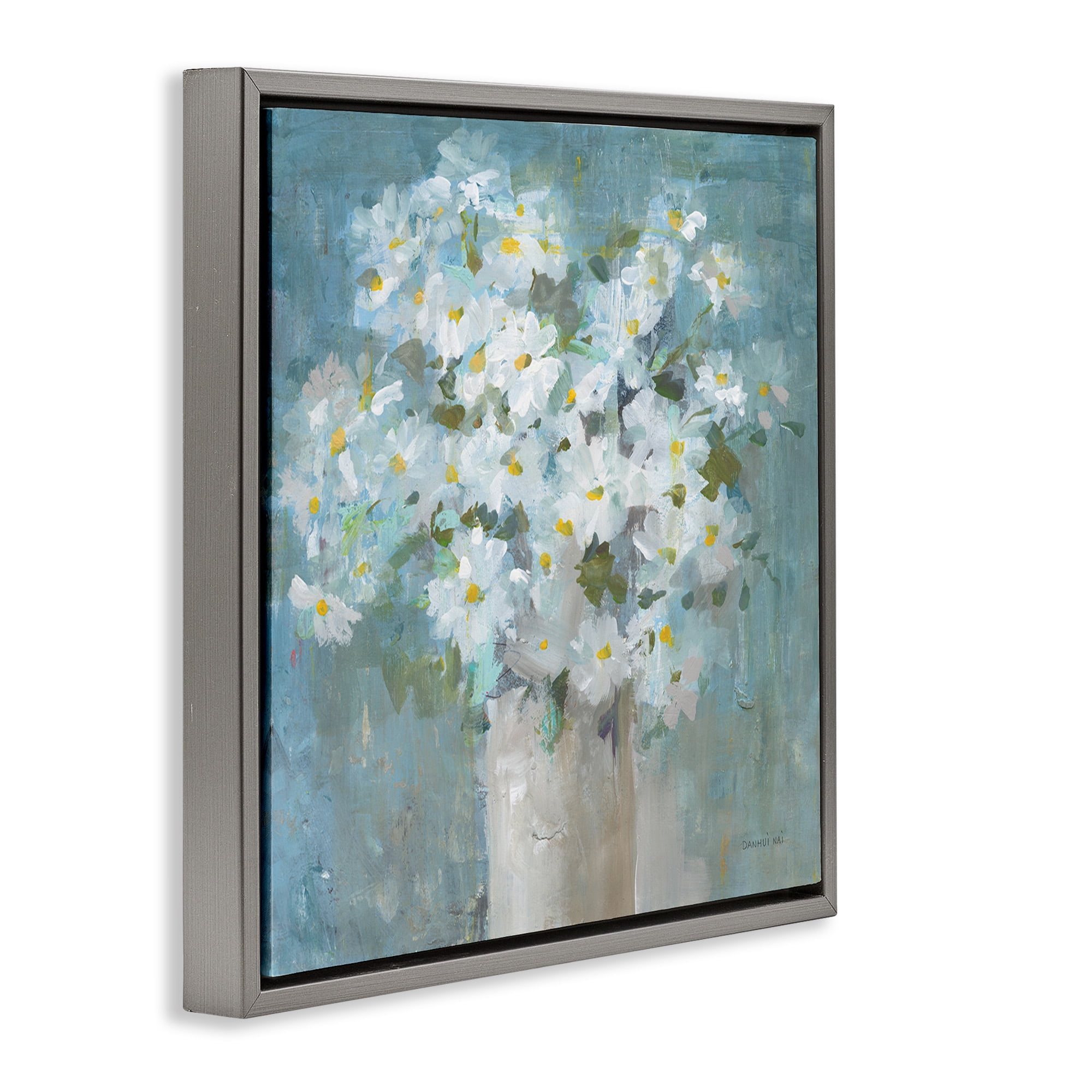 Stupell Industries White Daisy Blooms Abstract Flowers Botanical & Floral Painting Gray Floater Framed Canvas Art Print Wall Art, 25 x 25