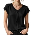 thumbnail image 2 of TGSLY Lace Trim Satin Tops for Women Smooth Soft V Neck Bow Tie Front Shirts Loose Dressy Casual Solid Color Cap Sleeve Blouses M, 2 of 7