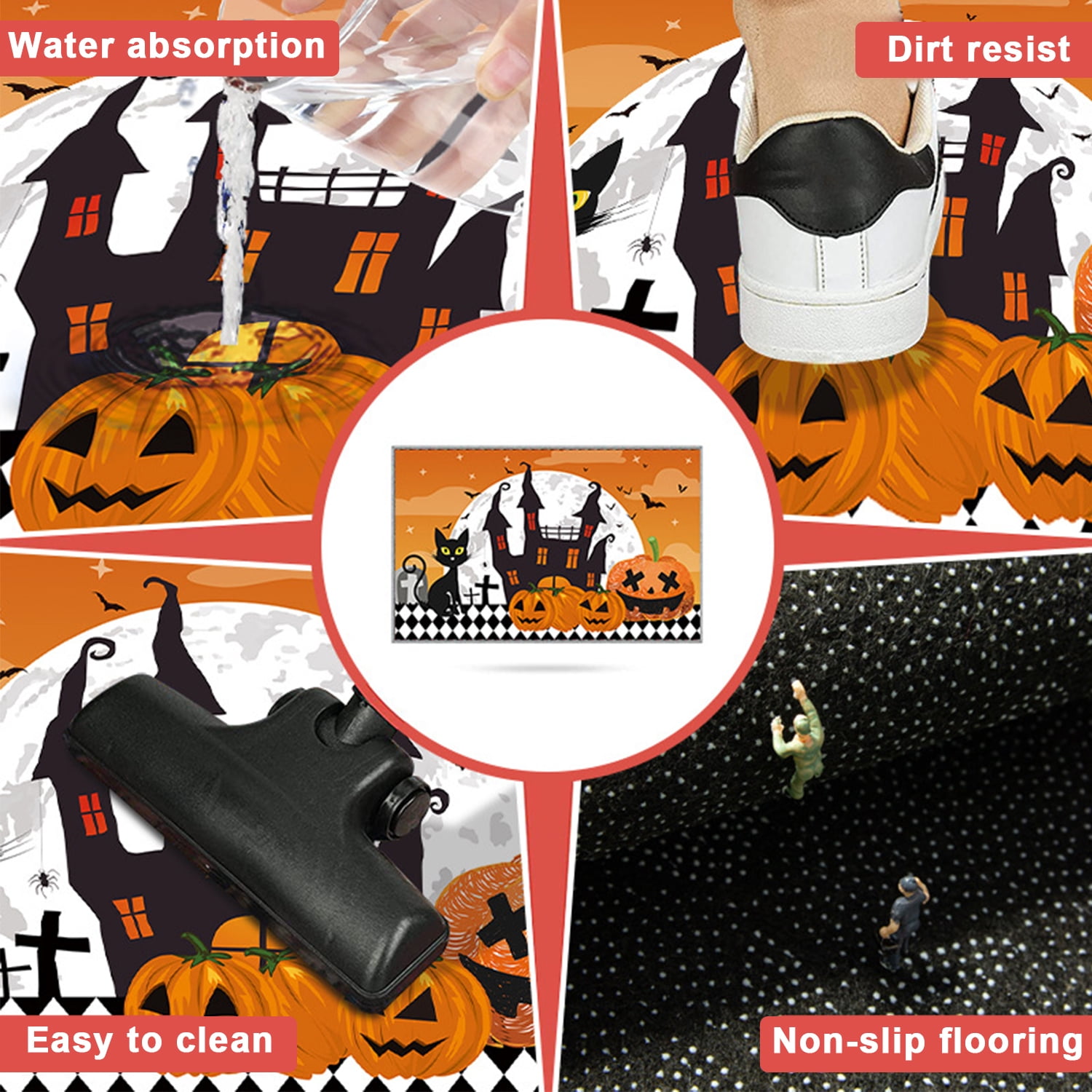 Halloween Doormat Pumpkin Pattern Floor Mat Black Cat 16*24 Non Slip Seasonal Halloween Kitchen Rug, Machine Washable Indoor Rug for the Floor Orange