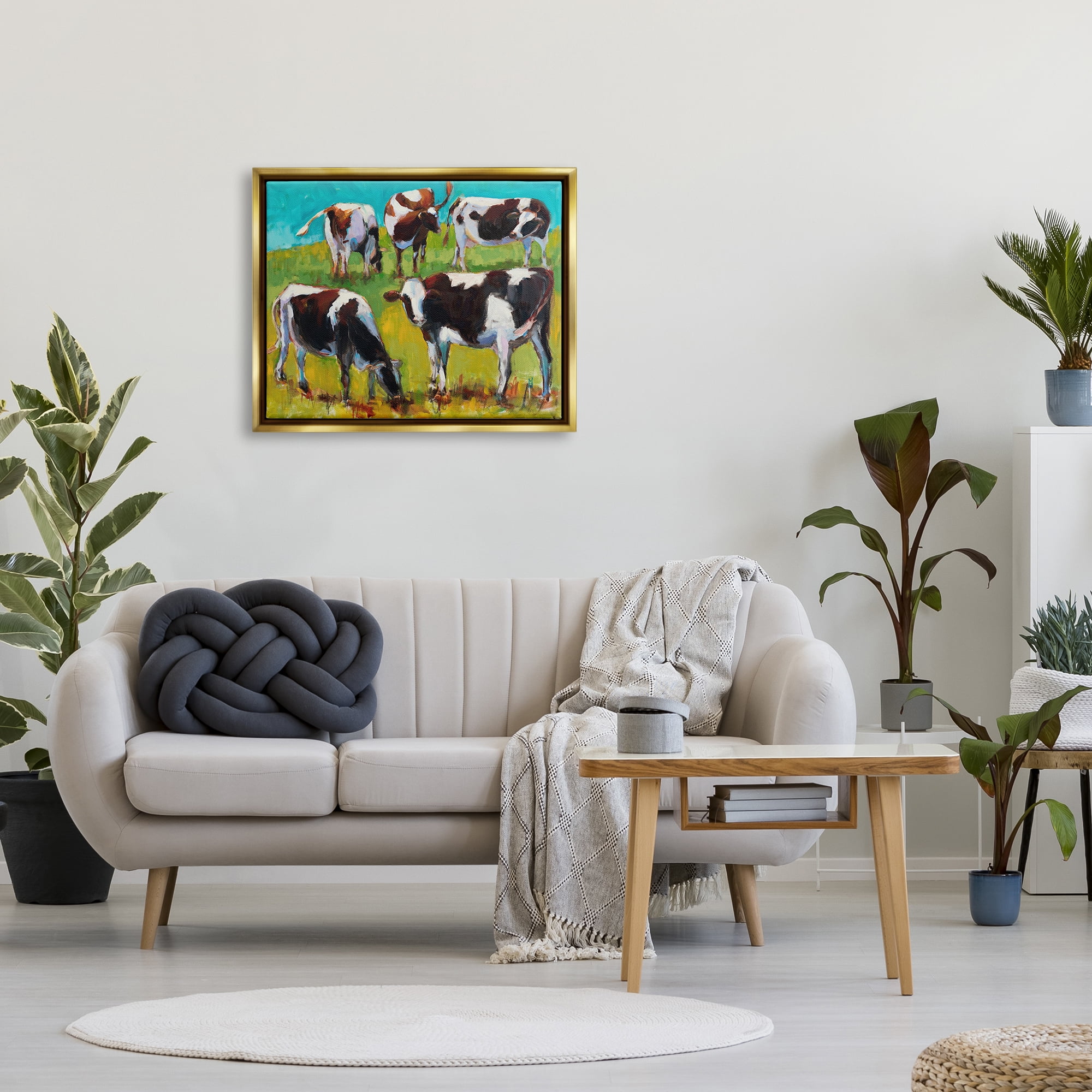 Stupell Industries Cows Grazing Modern Painting Animals & Insects Painting Gold Floater Framed Art Print Wall Art, 31 x 25
