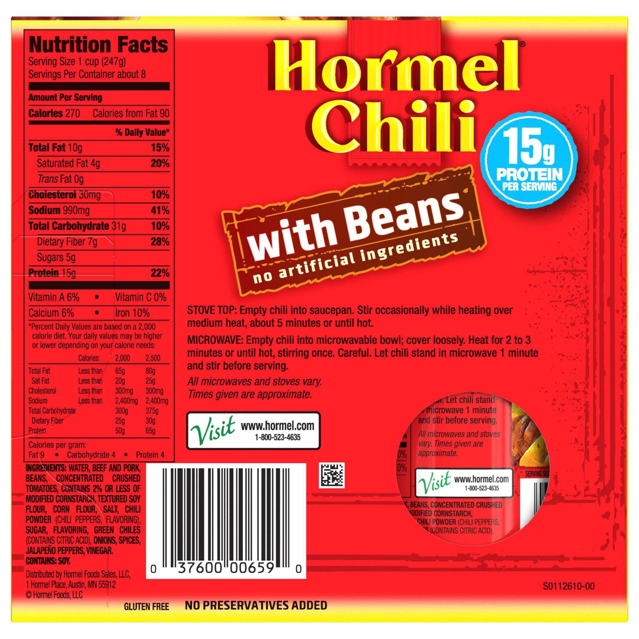HORMEL Chili with Beans Canned Chili, Shelf-Stable, 15 oz  Can (4 Pack)