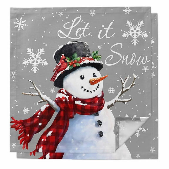 Gray Christmas Cloth Napkins Washable Set of 2, Snowflake Snowman Xmas Birds Berry Reusable Dinner Table Napkins Cloth Bulk for Weddings Kitchen Restaurants Hotel Events Parties 20 x 20 Inch