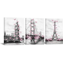 Hieng Pink and Grey Canvas Wall Art Girls Bedroom Bathroom Decor Paris Painting London Big Ben Tower Eiffel Golden Gate Bridge Picture Prints