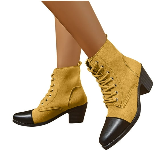 PiGOGI Women's Ankle Boots Square Toe Two-Tone Color Block Heel Lace Up Winter Boots Yellow 43