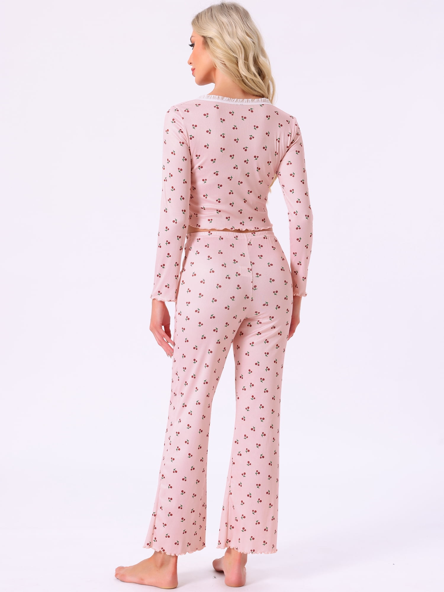 DARING DIVA Women's Pajama Sets Cherry Print Ruffled Long Sleeve Top and Pants XL Pink