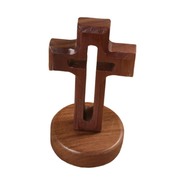 Cruz de madera Estatua Adorno tallado a mano Obra decorativa DIY Crucifijo Estatuilla para Memorial Party Sala de estar Decoración para el base redonda Colco Estatuas de crucifijo