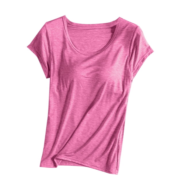 FRSASU T-shirt à Manches Courtes Uni pour Femmes avec Bonnets Intégrés, Pyjama de Détente Sans Bretelles Rose Vif-A