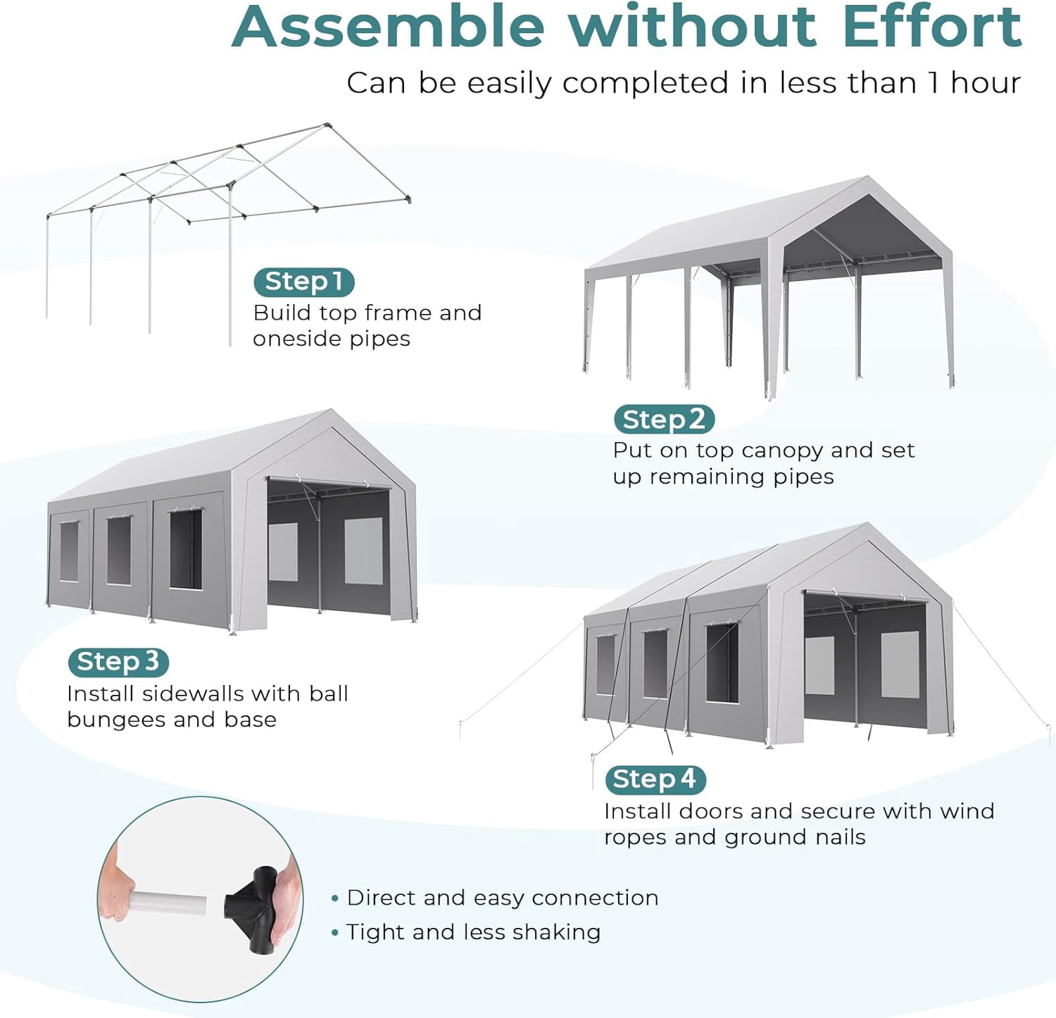 Vitarpatio 10x20 ft Carport Heavy Duty, Reinforced Metal Car Port Canopy Portable Garage Waterproof Car Tent with 6 Roll-up Windows, Door and Removable Sidewalls, Light Gray