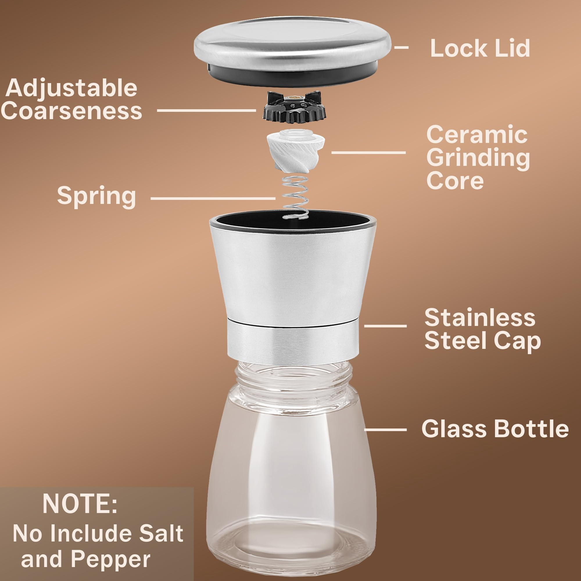 Stainless Steel Salt and Pepper Grinder Set with Adjustable Coarseness Glass Spice Shakers Ceramic Mills Easy Clean with Funnel