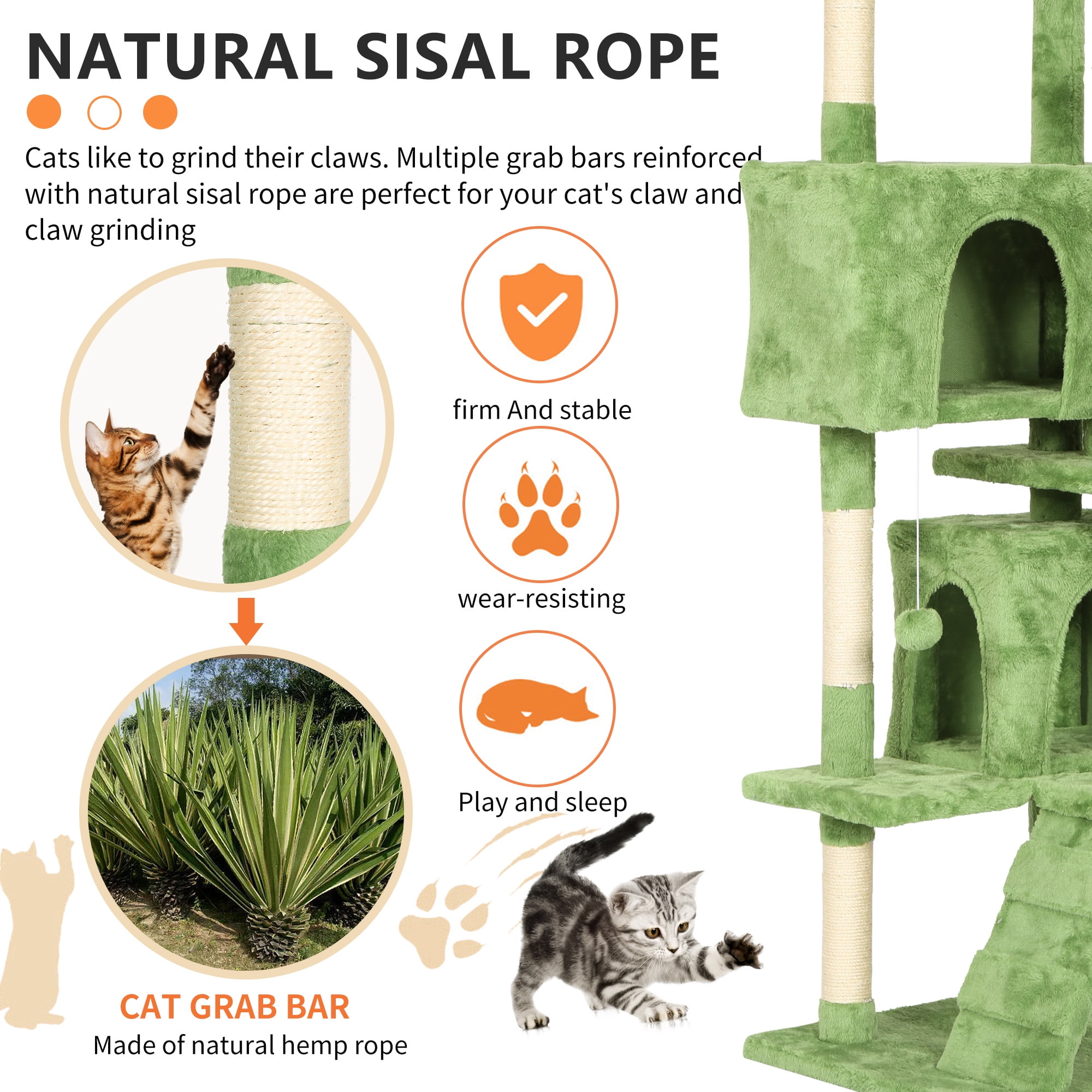 CL.HPAHKL Modern Cat Tree Tower with Dual Condos, 70 Inches Cat Tower with Sisal-Covered Scratching Post Multi-Level Tall Cat Condos with Hanging Toy, Green