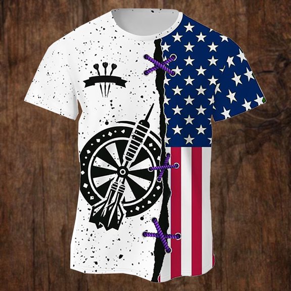 4th of July Shirts for Men and Women USA American Flag Patriotic Independence Day Dart Print Round-Neck Short-Sleeve T-Shirt for Men and Women(Purple,XXXXL)