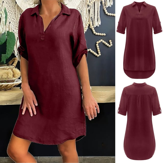 Gspmoly Robe d'Été, Robe Chemise Ample en Lin Uni à Col Rabattu pour Femmes Grande Taille, Robes de Travail pour Femmes Offres Prime