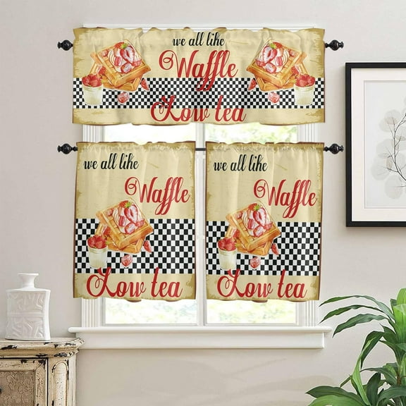 Kitchen Rule Vintage Dessert Food Summer Strawberry Plaid Black Abstract Buffalo Farmhouse 3 PCS Kitchen Curtain Valance and Set,Rod Pocket Small Half Tier Valances Window Curtains Panel,55"x24"